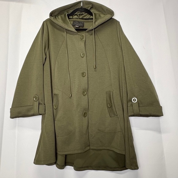 Christian Siriano Hooded Button Front Jacket Olive Green Lagenlook Artsy Boho - Picture 1 of 9